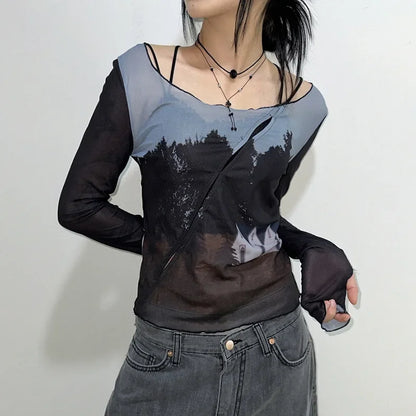 Territory See Through Gauze Vintage Print Crop Top Autumn Long Sleeve Fashion Bottoming Tshirts Y2k Aesthetic Harajuku Slim Women T-shirt