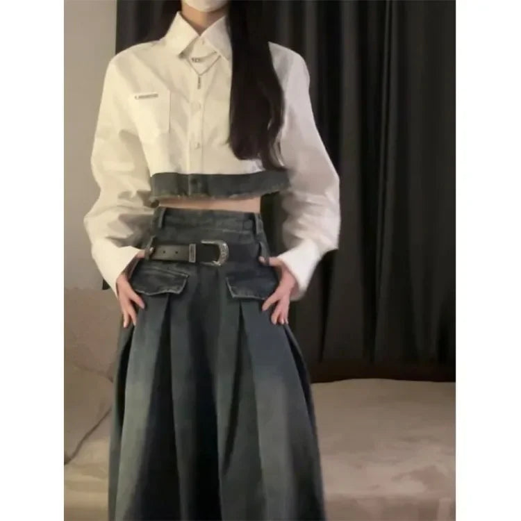 Territory Korean Simple Lapel Neck White Long Sleeve Shirts Women+ Y2k E-Girl High Waist Denim Skirts 2024 Autumn New Two Piece Sets