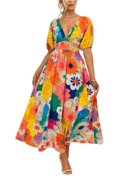 Territory Floral Print Colorful Puff Sleeve Women Long Dress V-neck Lace Up Elastic High Waist Vestidos Summer Party Streetwear Robes