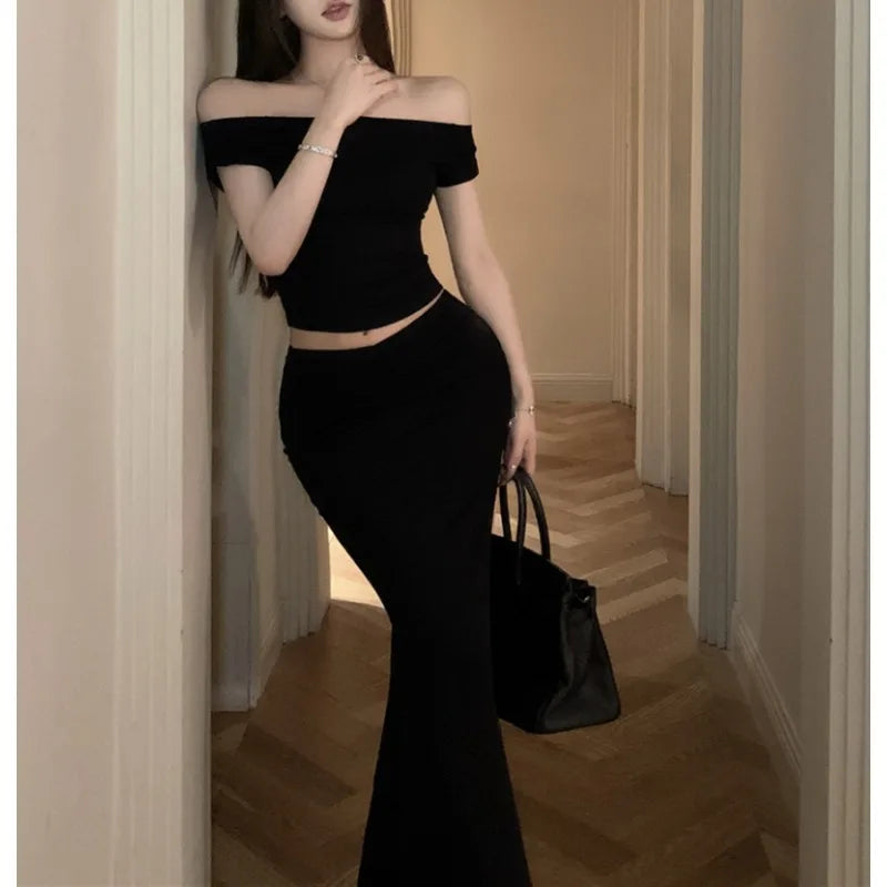 Territory 2024 Summer New Streetwear Off-shoulder Sexy Slim Short-sleeved T-shirt Women + High Waist Black Mid-length Skirt Two-piece Suit