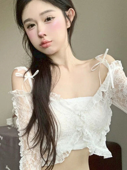 Territory Purple Backless Sexy Crop Tops Women Lace Korean Fashion Designer Slim Blouse Female Bow Button Elegant Sweet Tops New