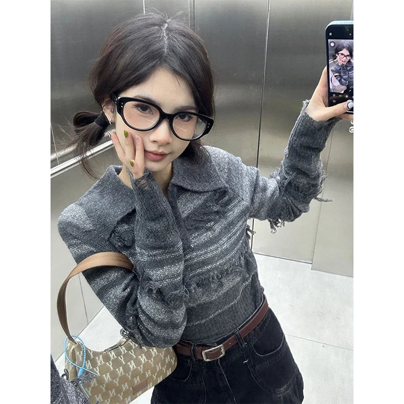 Territory  Y2K Striped Sweater Women Streetwear Tassel Cropped Knitted Pullovers Harajuku Vintage Slim Knitwear Korean Casual Jumper