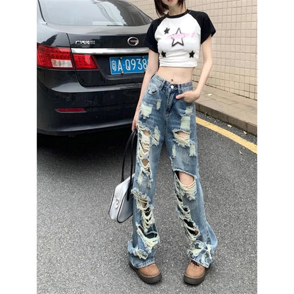 Territory Fashionable Women's Ripped Jeans, High Waist Slimming Wide Leg Denim Pants Female Casual Straight Shredded Jeans for Women 4XL