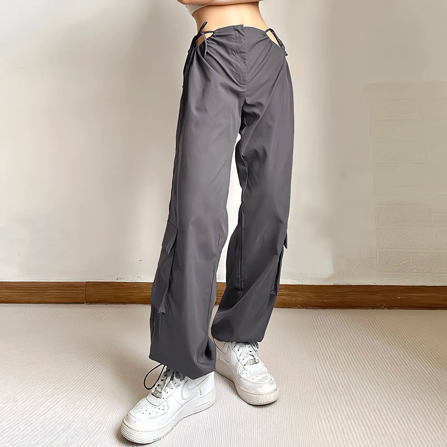 Territory Grey Cargo Pants Woman American Style Summer Drawstring The Pocket Casual Trousers Design Sense Streetwear Wide Leg Sweatpants