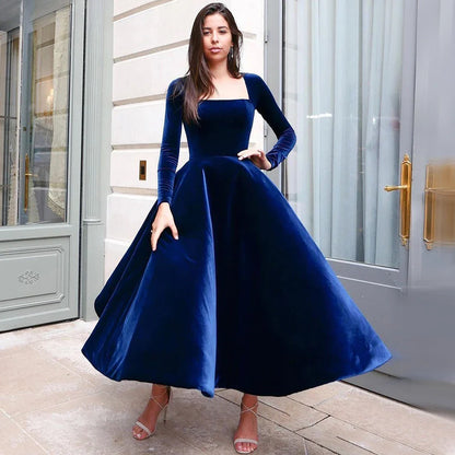 Territory Blue A Line Square Collar Velvet Long Sleeves Evening Dresses Customized  Simple Ball Gowns For Women