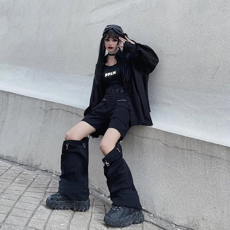 Territory Gothic Techwear Emo Black Cargo Pants Women Punk Oversize Hollow Out Wide Leg Pocket Trousers for Female Goth Hip Hop