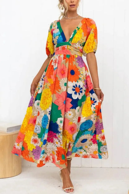 Territory Floral Print Colorful Puff Sleeve Women Long Dress V-neck Lace Up Elastic High Waist Vestidos Summer Party Streetwear Robes