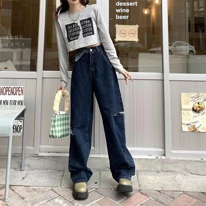 Territory Hot Girl  High Waist Baggy Jeans Woman Hole Vintage Streetwear Hip-hop Stylish Wide Leg Trouser Female Daily All-match Trendy