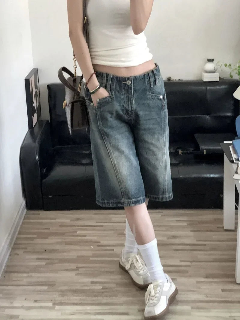 Territory American Retro Blue Denim Shorts Women Korean Style High Waist Biker  Jeans Feminino 2024 Summer Chic Streetwear