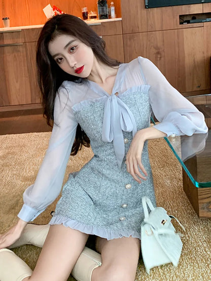 Territory New Spring Vintage Sexy See-through Chiffon Patchwork Tweed Mini Dress Women Ribbon Bow Single-breasted Long Sleeve Party Dress