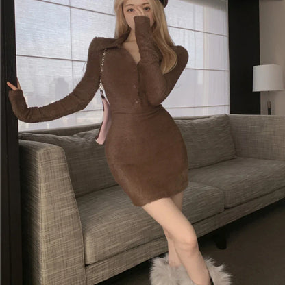 Territory Polo Collar Button Sexy Slim Cashmere Long-sleeved Dress Women 2024 Spring New Korean Solid Color All Match Knitted Mini Dress