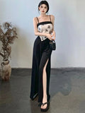 Territory Black Vintage Koream Fashion Two Piece Set Women Elegant Party Mini Pants Set Female Designer Tops + Casual Split Pants New