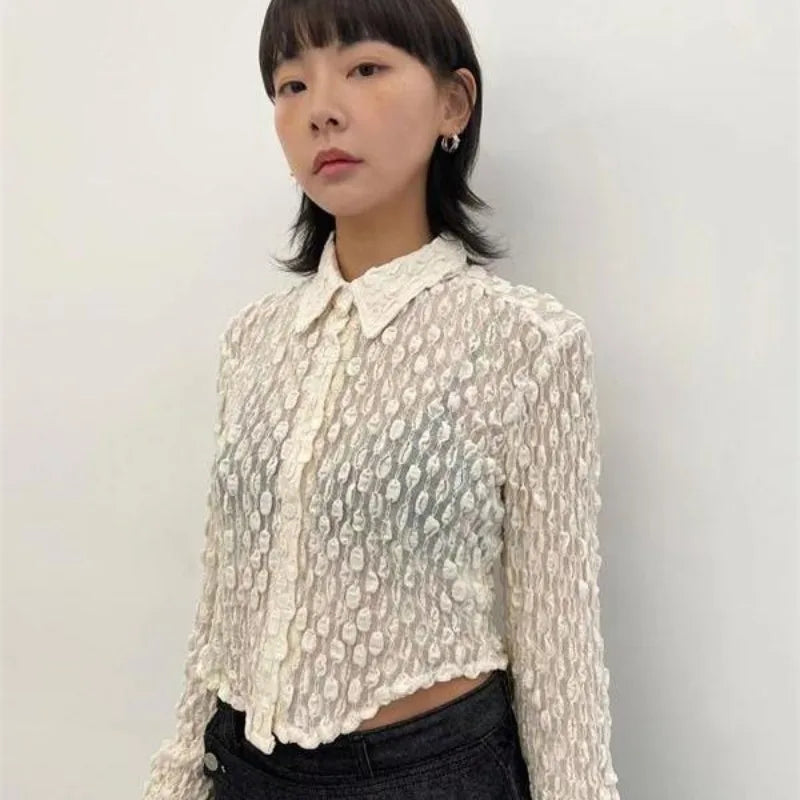 Territory  Vintage Y2K White Transparent Women Shirts Coquette Long Sleeve See Through Blouse Korean Fashion Summer Slim Harajuku