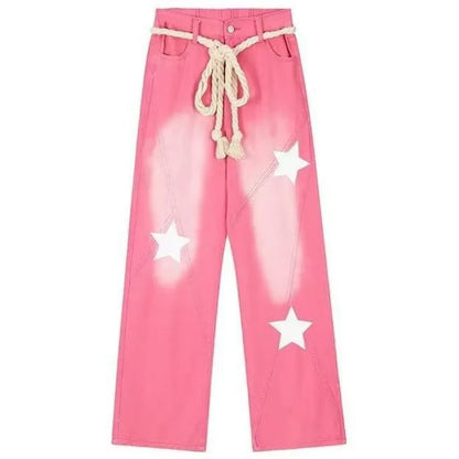 Territory American Vintage Star Print Street Denim Pants 2024 Autumn Sweet Pink Trousers Women Y2k Grunge High Waist Wide Leg