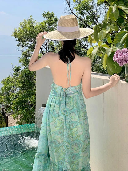 Territory Bohemian Dresses Woman Summer Green Strappy Sundress Female Fashion Casual Long Beach Sundress Chic Printed Boho Dress