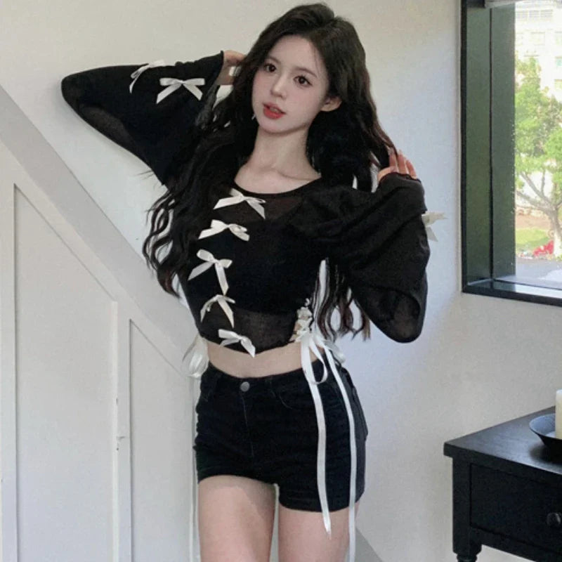 Territory High Street Fashion Bow Stitching Mesh Long-sleeved T-shirt Women Autumn New O-neck Sexy Slim Lace-up Black Crop Tops