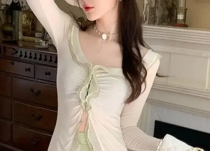 Territory New Chinese Style Fashion 2 Piece Dress Suits Ruffles Long Sleeve Slim Shirt Cardigan+High Waist Green Long Satin Skirt Sets