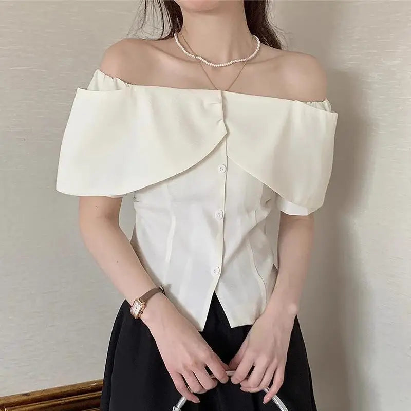 Territory Elegant Cropped White Shirts Women Korean Fashion Sexy Slash Neck Blouses Summer Office Ladies Ruffles Short Sleeve Tops