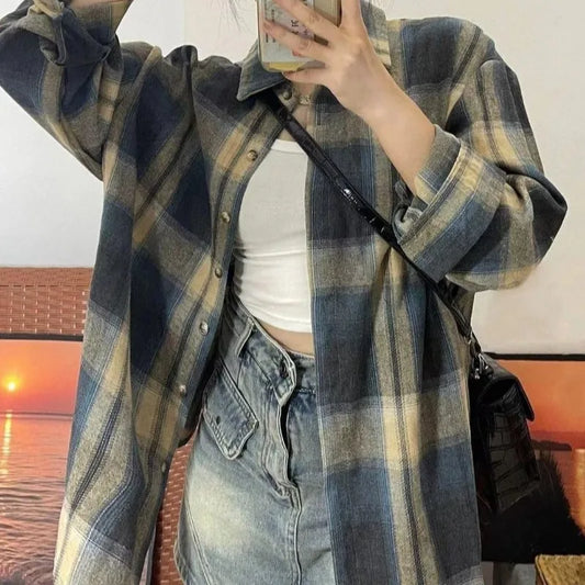 Territory  Vintage Y2k Plaid Women Shirt Streetwear Long Sleeve Oversized Blouse Harajuku Korean Fashion Aesthetic Casual Female