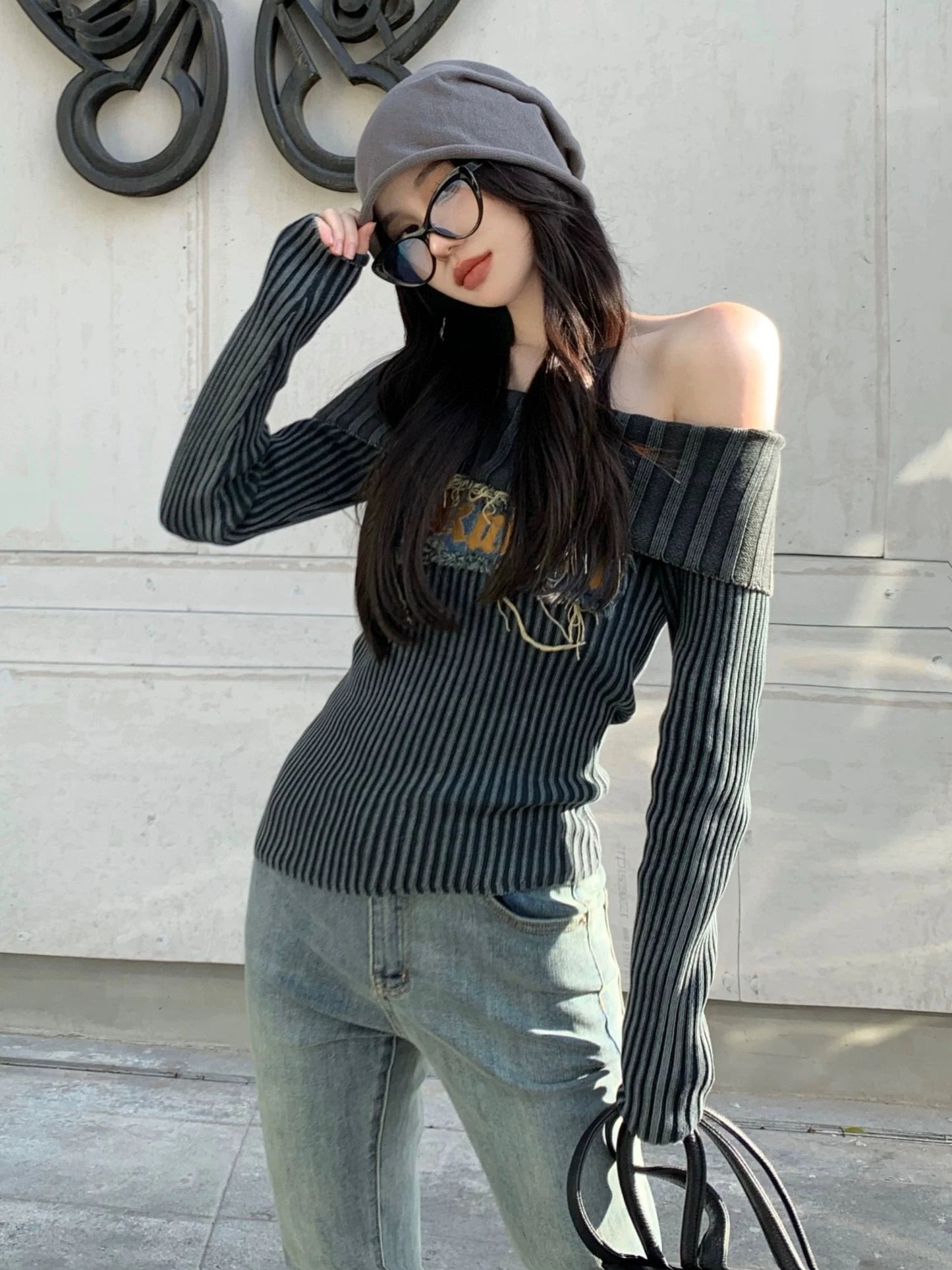 Territory Grunge Sweater Women Y2k Off Shoulder Knitted Pullover Punk Vintage Slim Fit Sexy Pulls Aesthetic 2000s Long Sleeve Jumper