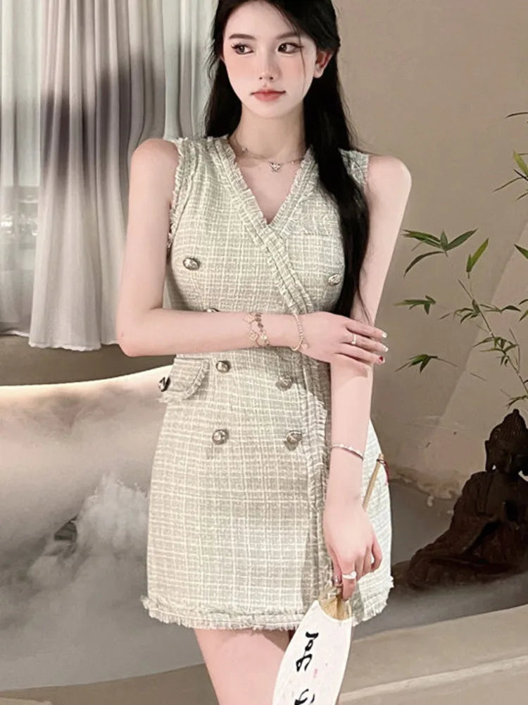 Territory High Quality French Vintage Small Fragrance Tweed Dresses Women Korean Fashion Casual Woolen Summer Dress Elegant Party Vestidos