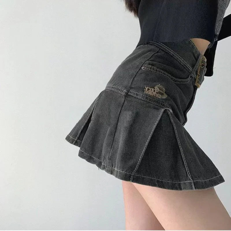 Territory  Denim Pleated Mini Skirt Vintage Sexy High Waist A-line Belt Women Embroidery Jean Short Skirt Summer Japanese Y2k