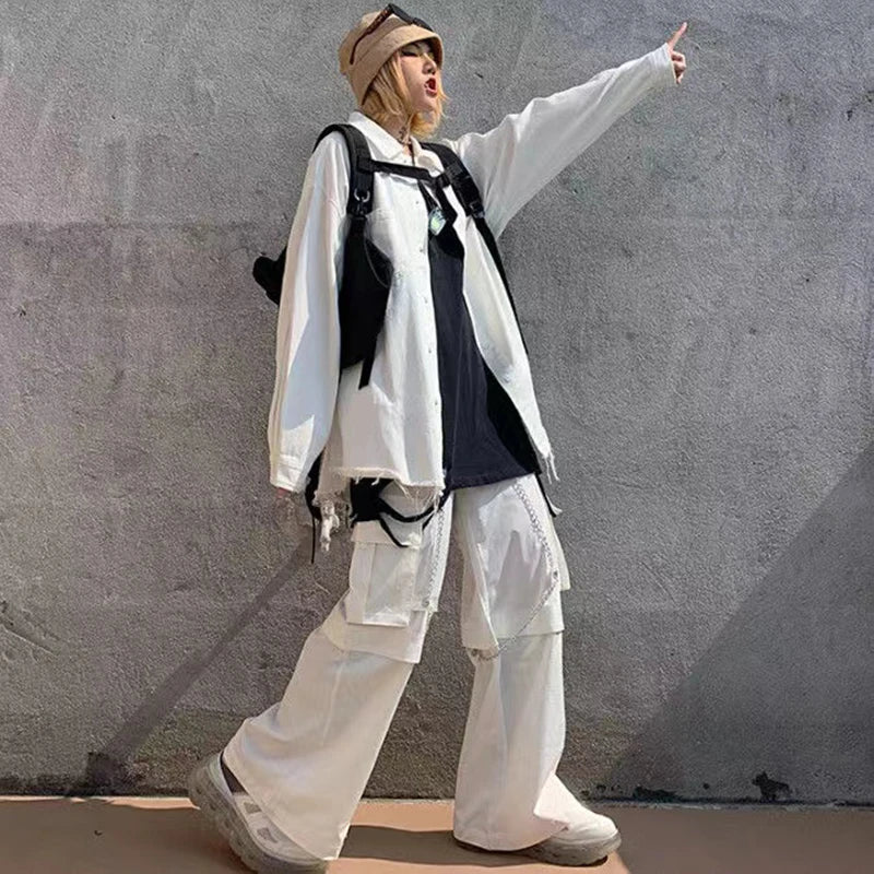 Territory 90s Clothes Style Harajuku Gothic White Cargo Pants With Chain  Hippie Punk  Baggy Pants Y2K Oversize Hot Girl Trousers