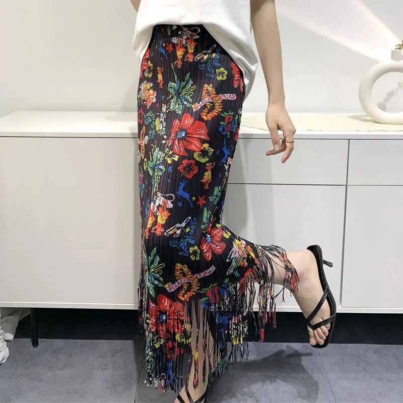 Territory Fashion Vintage Skirts Flower Print Pleated Tassel High Waist Lady Skirt Korean Chic Spring Summer Female Slim Women Clothes