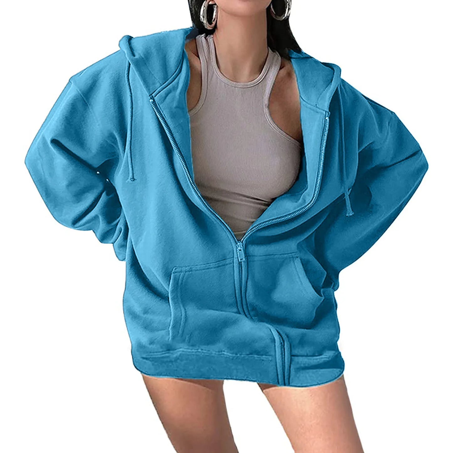 Territory Korean Fashion All Match Zipper Hoodies Sweatshirt Pullover Y2K Zipper Pocket Drawstring Women Clothing Sky Blue Casual Jakets