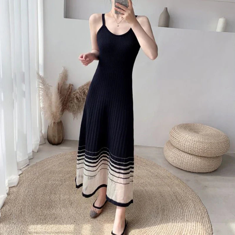 Territory Elegant Striped Midi Dress Women Mesh Patchwork Spaghetti Strap One Pieces Dresses Korean Slim A Line Vestidos Spring Summer New