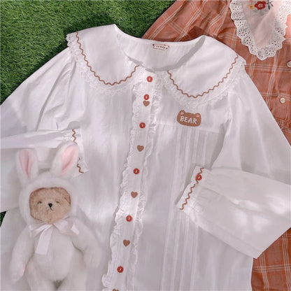 Territory Japanese Soft Girl Sweet Lolita Blouses Cute Bear Embroidery Doll Collar Shirts Women Preppy Style Loose White Long Sleeve Tops