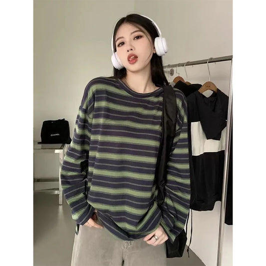 Territory Harajuku Striped T Shirts Women Streetwear Oversized Casual Tops Vintage Korean Spring Autumn Long Sleeve Pullovers Tops