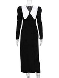 Territory Fashion 2024 Fall Peter Pan Collar Mid-calf Evening Party Dresses for Women Elegant Double Breasted Black Office Work Dress