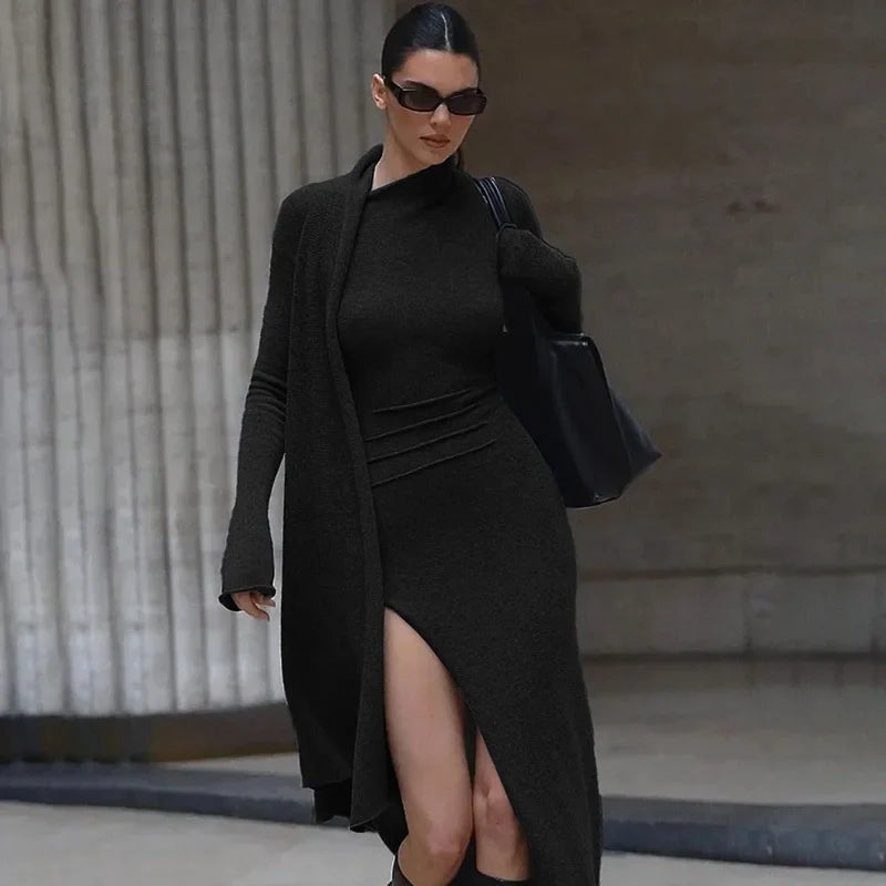 Territory Asymmetrical Knit Long Dresses For Women Winter Fashion Kendall Outfits Gray Black Sexy Long Sleeve Slit Dress