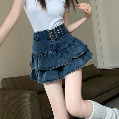 Territory Hotsweet Pleated Skirts Chic Summer With Belt Vintage High Waist Fashion Denim Women Vintage Ruffles A-Line Y2k Mini Skirt