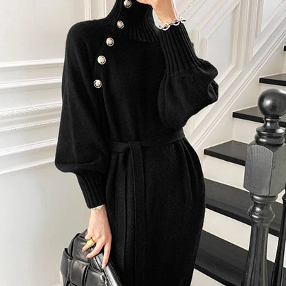 Territory Elegant Knitted Midi Dress Women Vintage Turtleneck Sweater One Piece Dresses Winter Korean Black Lace Up Chic Vestidos