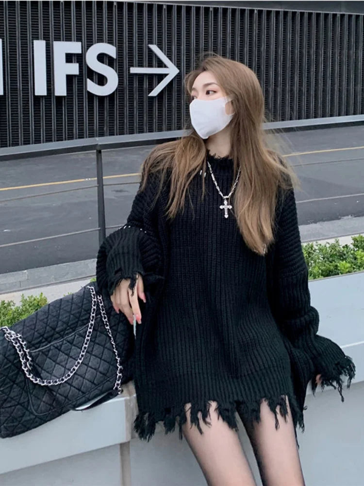 Territory Gothic Harajuku Black Sweaters Pullover Oversize Women Mall Goth Tops Streetwear Korean Fashion Autumn Knitwear