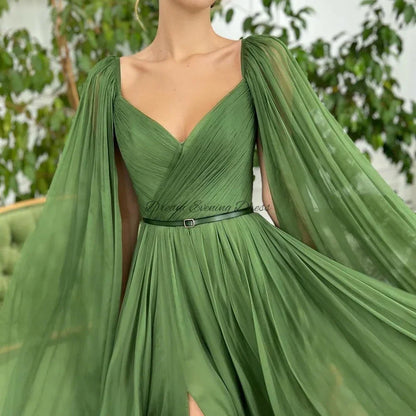 Territory Elegant Green Chiffon Deep V-Neck Dubai Arab Evening Dress A-line Shawl Sleeves Formal Occasion Prom Dresses 2024 For Women