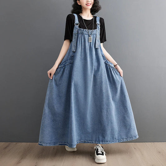 Territory European American Preppy Style Sleeveless Adjustable Shoulder Strap Vintage Summer Autumn Denim Dress Fashion Women Casual Dress