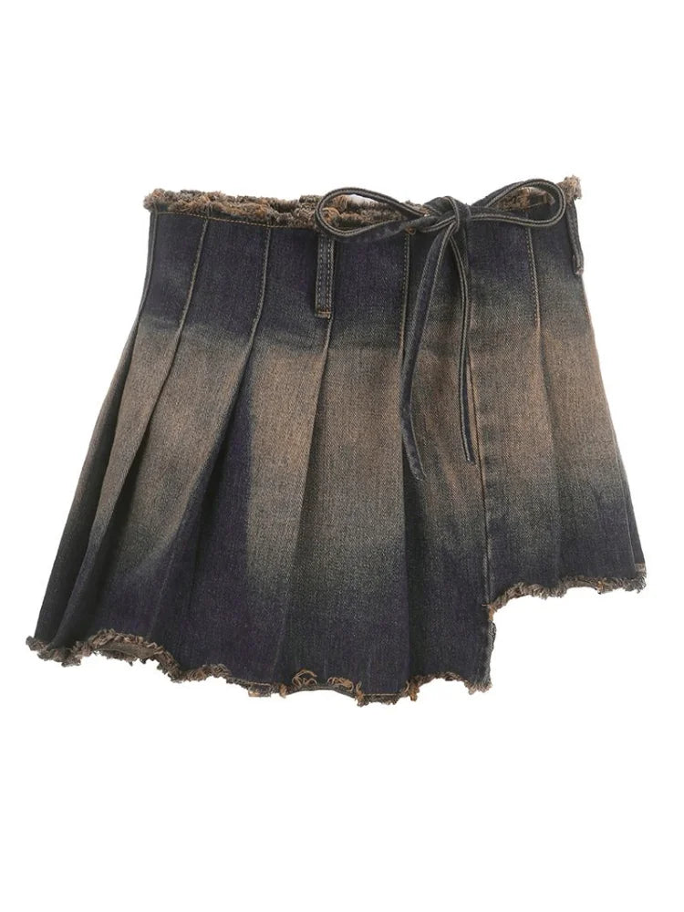 Territory Denim Y2k Skirt Women Vintage Low Rise Irregular Distressed Japanese Streetwear Sexy Pleated Mini Skirt Summer Fashion