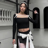 Territory Black Top Y2k Cute Sexy Bow Tie Square Neck Backless Long Sleeve Tshirts Korean Fashion Crop Tops Spring