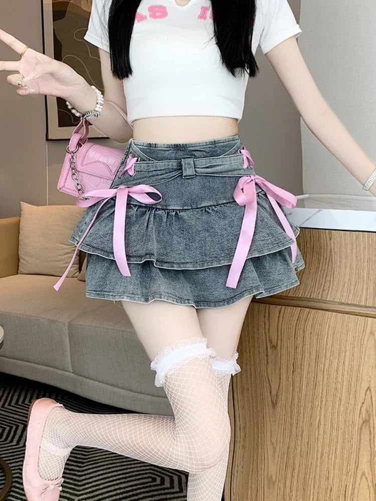 Territory American Gyaru Denim Skirts Bandage Ruffles Patchwork High Waist Summer Skirt Female Slim Y2k Harajuku Vintage Women's Clothing