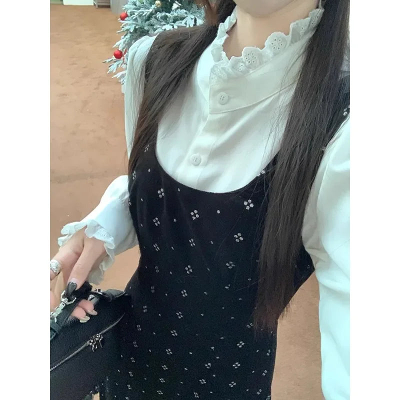 Territory 2024 Spring New Stand-up Collar Pleated Lace-up White Long-sleeved Shirt Women + Floral Print Velvet Sling Dress Two-piece Suit