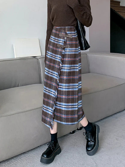 Territory French Vintage Long Skirts for Women Autumn Winter High Waist Plaid Raw Edge Irregular Skirt  Slim Fit Elegant Design Clothing