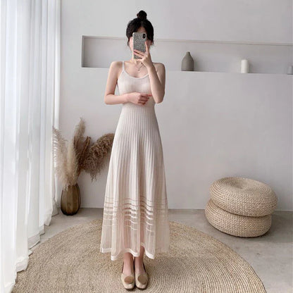 Territory Elegant Striped Midi Dress Women Mesh Patchwork Spaghetti Strap One Pieces Dresses Korean Slim A Line Vestidos Spring Summer New