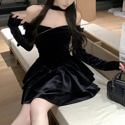 Territory Off-shoulder Sexy Slim Velvet Black Long-sleeved Dress Women 2024 Spring New Korean Fashion Bow Pleated Halter Party Dress