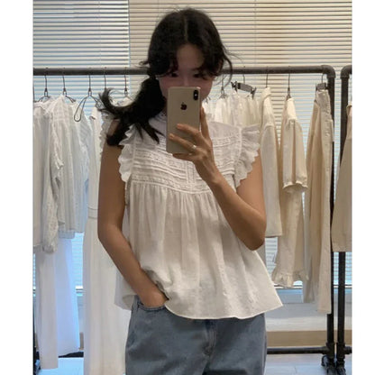 Territory Edge of Fungus Splicing Blouses Stand Collar Sleeveless Doll Shirt Summer French Vintage Top Female Fashion Camisas