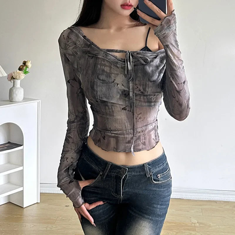 Territory Holiday Printed Bandage Mesh T Shirt Sexy Slim Crew Neck Long Sleeve Tees Women 2024 Autumn Spring Fashion Streetwear