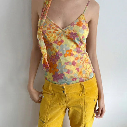 Territory Holiday Floral Camis Top With Scarf Sexy Slim V-Neck Sleeveless Crop Tops Women 2024 Summer Fashion Streetwear Ladies