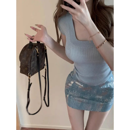 Territory 2024 Spring New High Street Fashion Sequin Denim Mini Skirt Women + Solid Color Sexy Slim Knitted Camisole Two-piece Suit